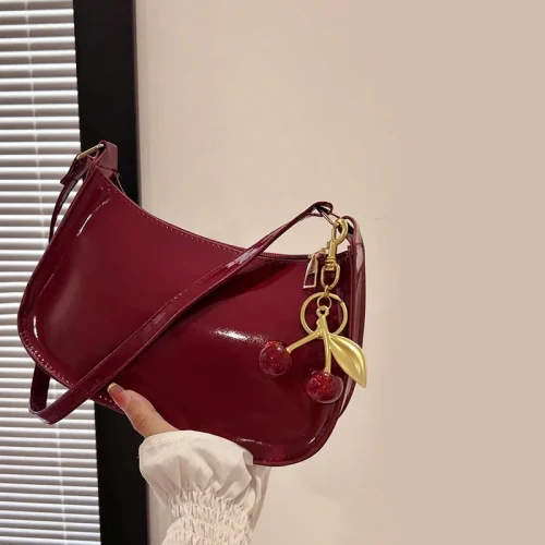 Women's PU Leather Handbag Versatile Fashion Solid Color Cherry Pendant Shoulder Bag Casual Commuting Bag Girl Underarm Bag