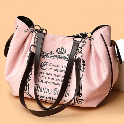 Letter Print Faux Suede Women Handbag Shoulder Bag, Retro Large Capacity Tote Bag for Daily Commuting and Hand-Carry.Pumpkin Bag
